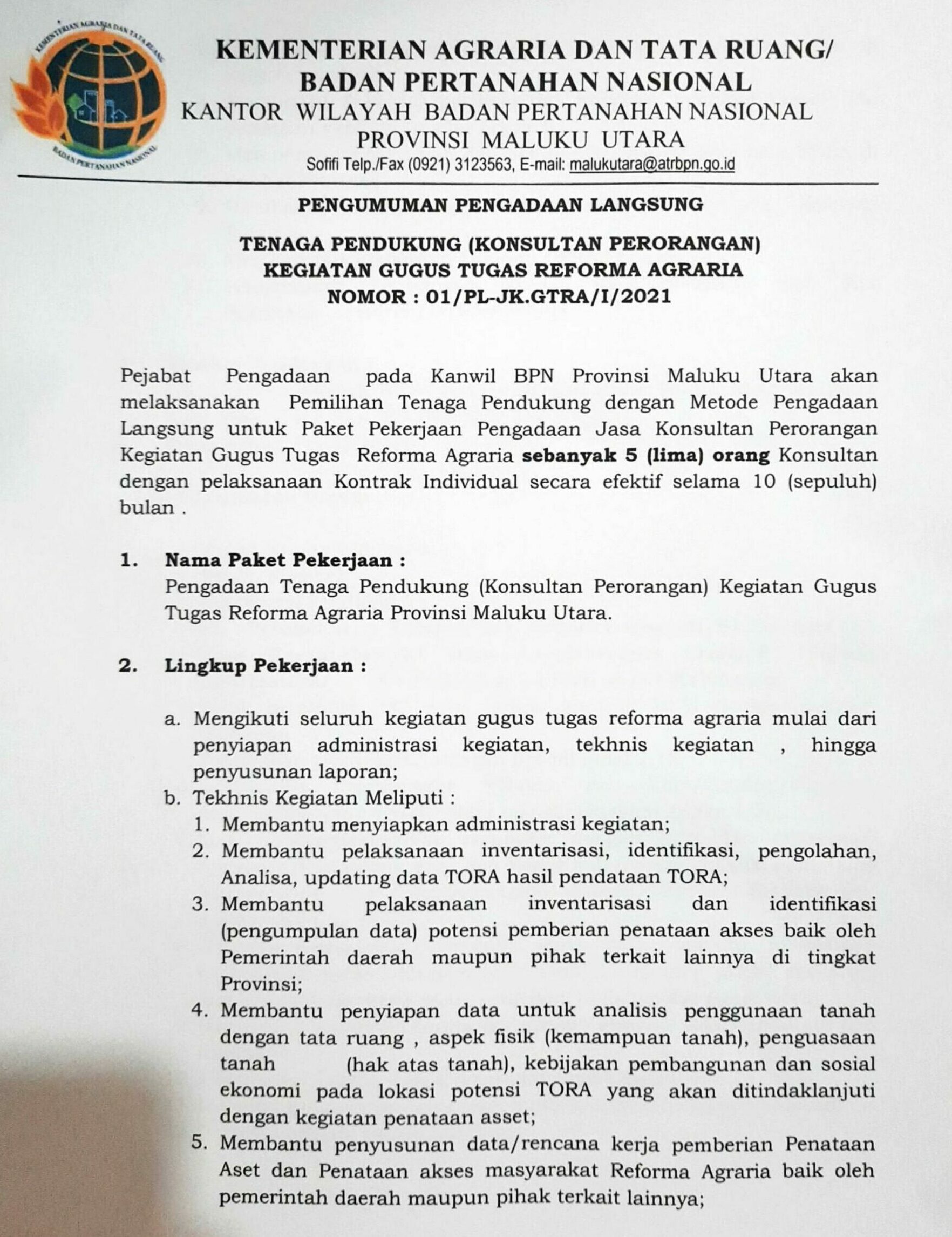 Lowongan Kerja Kementerian ATR/BPN Kanwil Maluku Utara