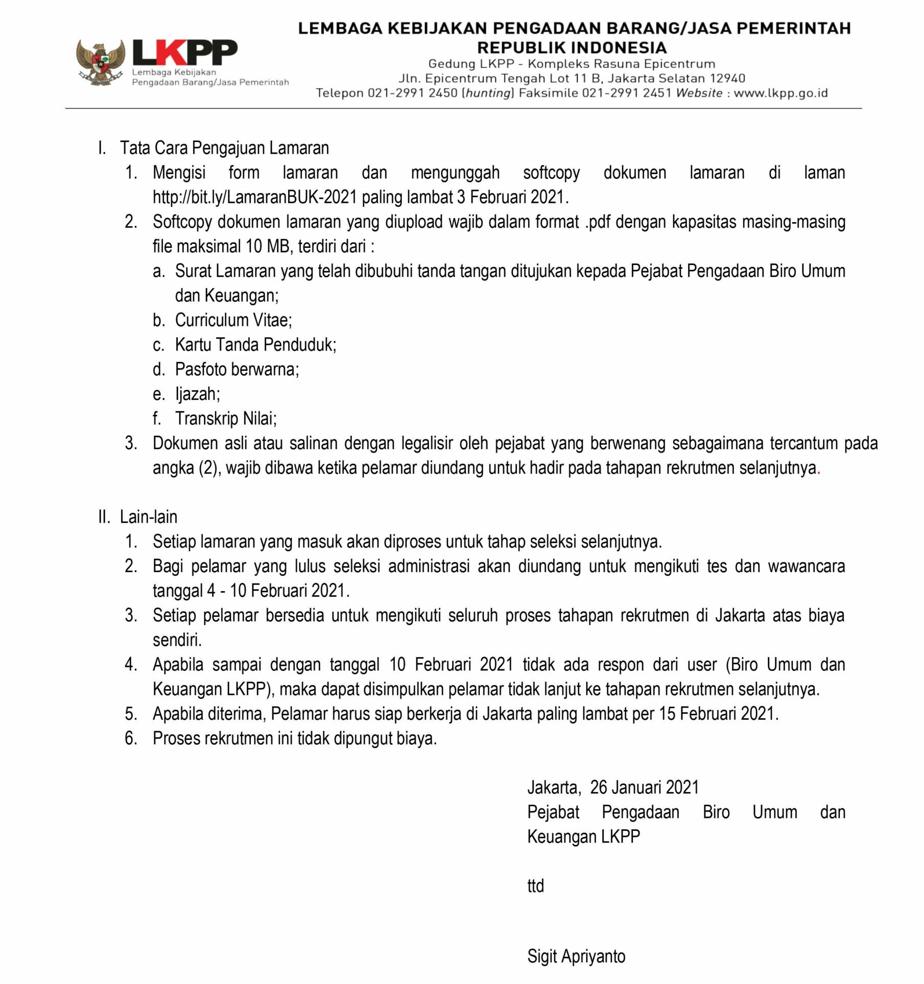 Rekrutmen Pegawai Biro Umum dan Keuangan LKPP