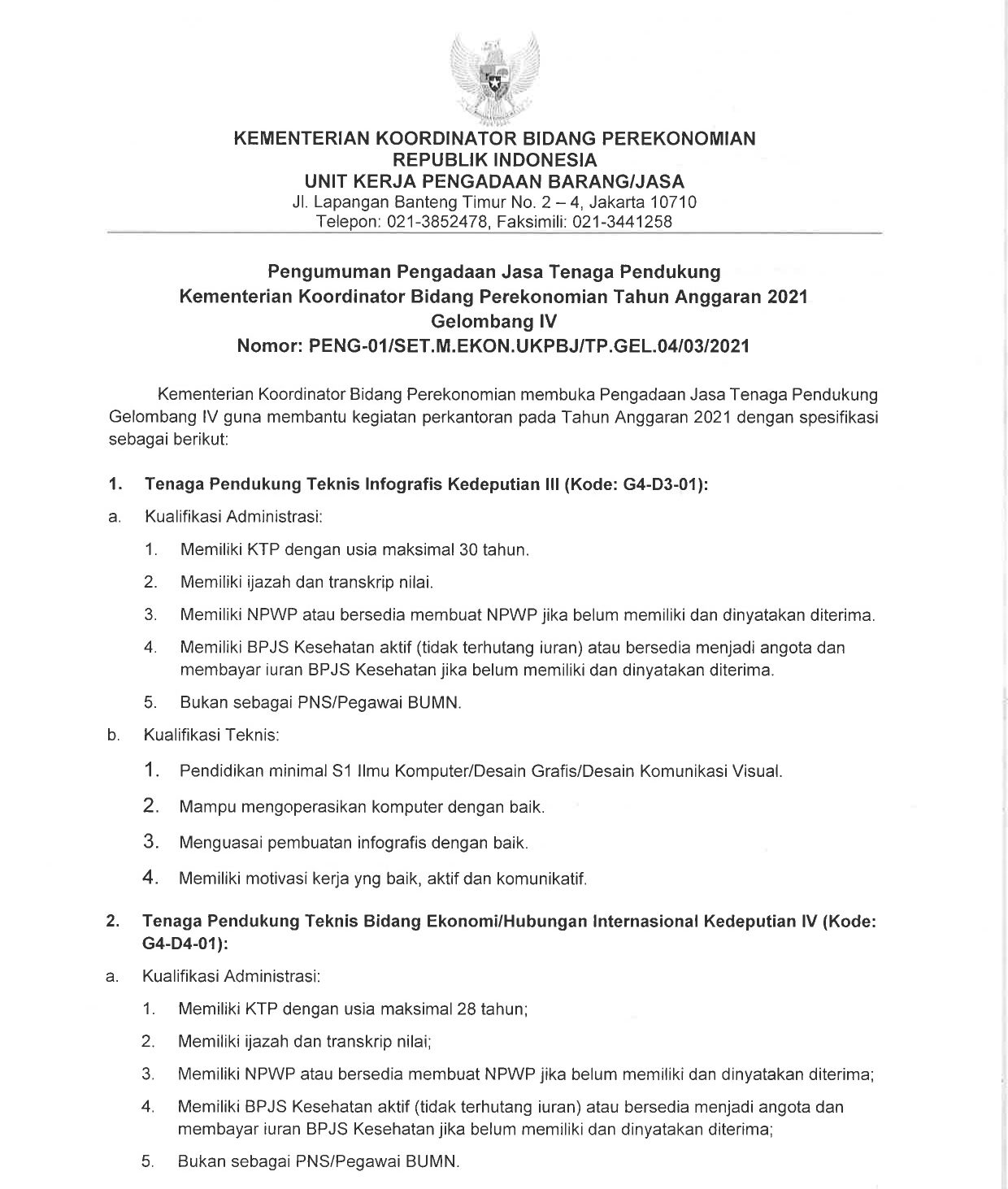 Lowongan Pengadaan Jasa Tenaga Pendukung Kemenko Bidang Perekonomian